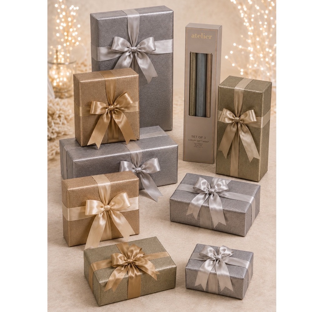 Atelier Luxury Gift Wrap 3Pk Metallic Gold Silver Bronze Textured 75 SqFt 109-05